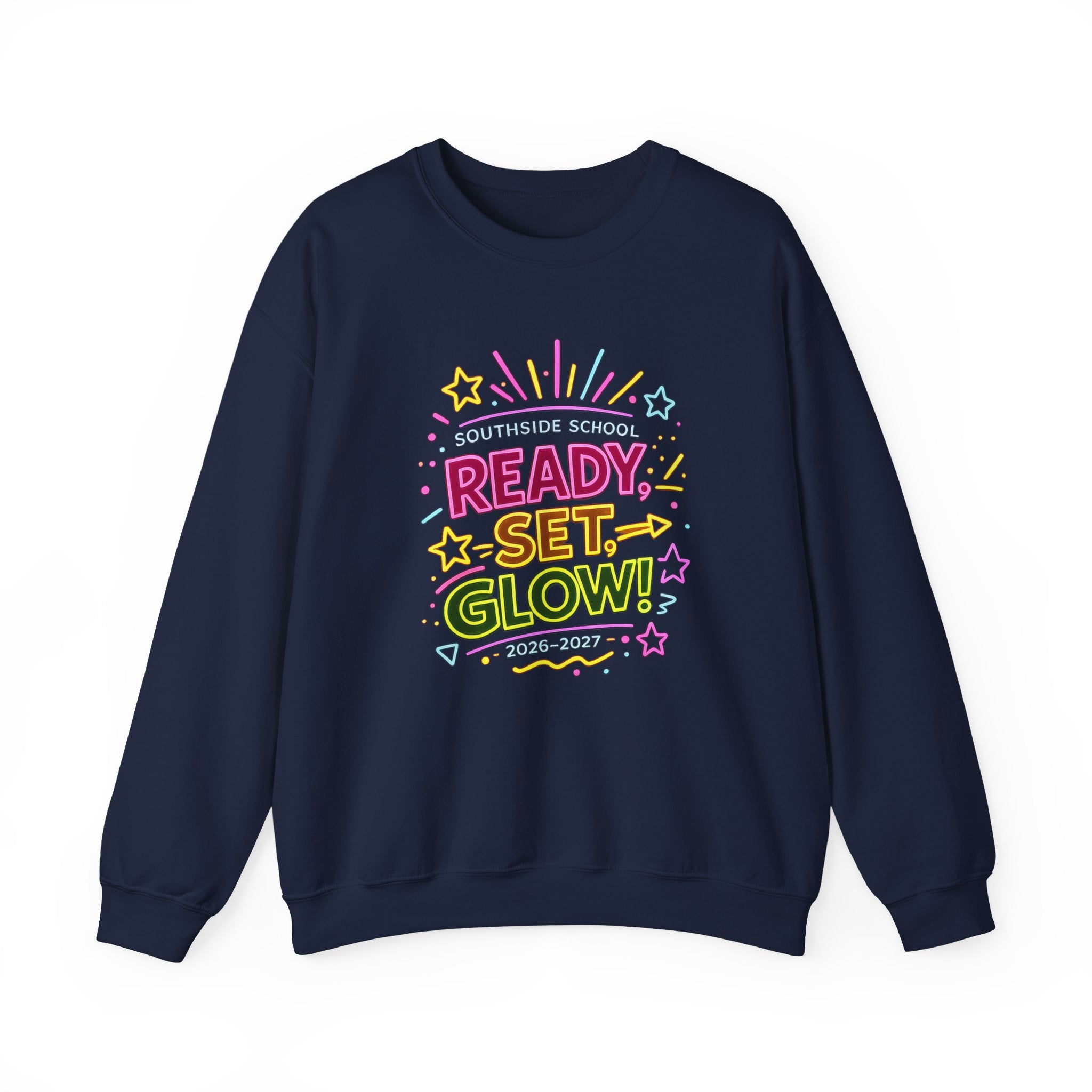 Ready, Set, Glow! Crewneck Sweatshirt — Colorful School Spirit Design