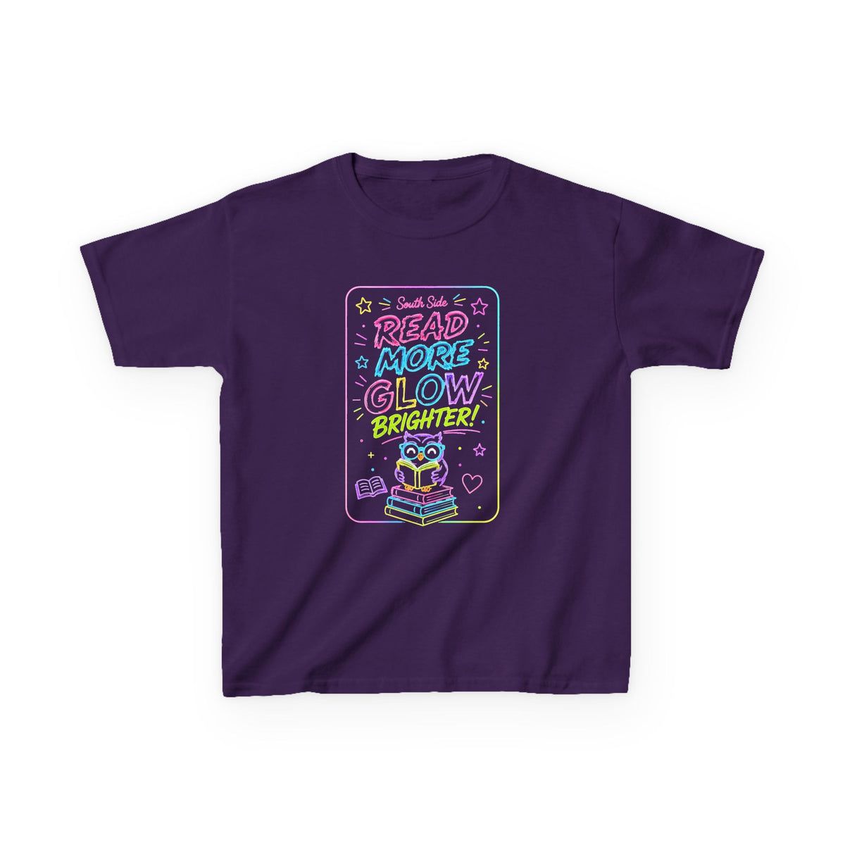 Kids T-Shirt — "Read More, Glow Brighter" Neon Bookworm Graphic