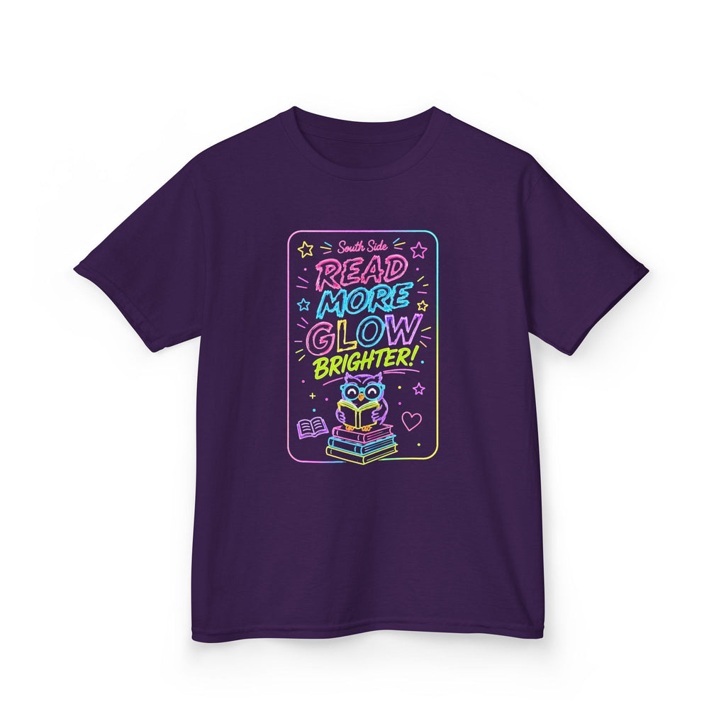 Kids T-Shirt — "Read More, Glow Brighter" Neon Bookworm Graphic