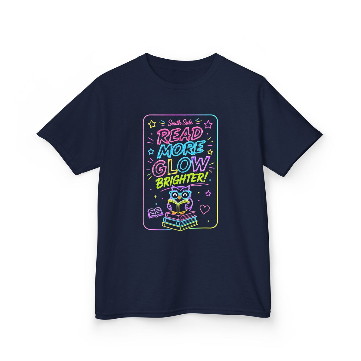 Kids T-Shirt — "Read More, Glow Brighter" Neon Bookworm Graphic