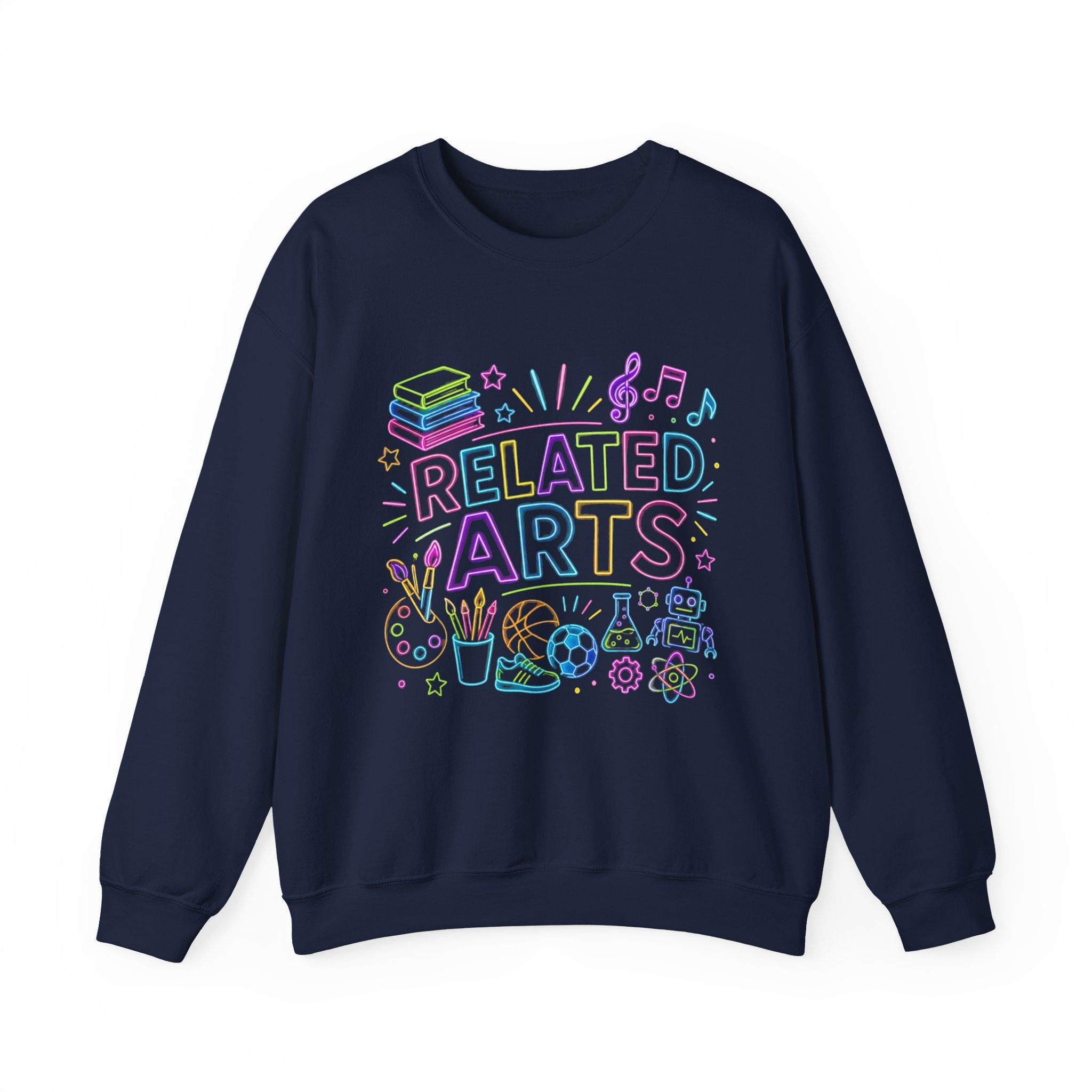 Arts Related Crewneck Sweatshirt — Pastel School Subjects Graphic