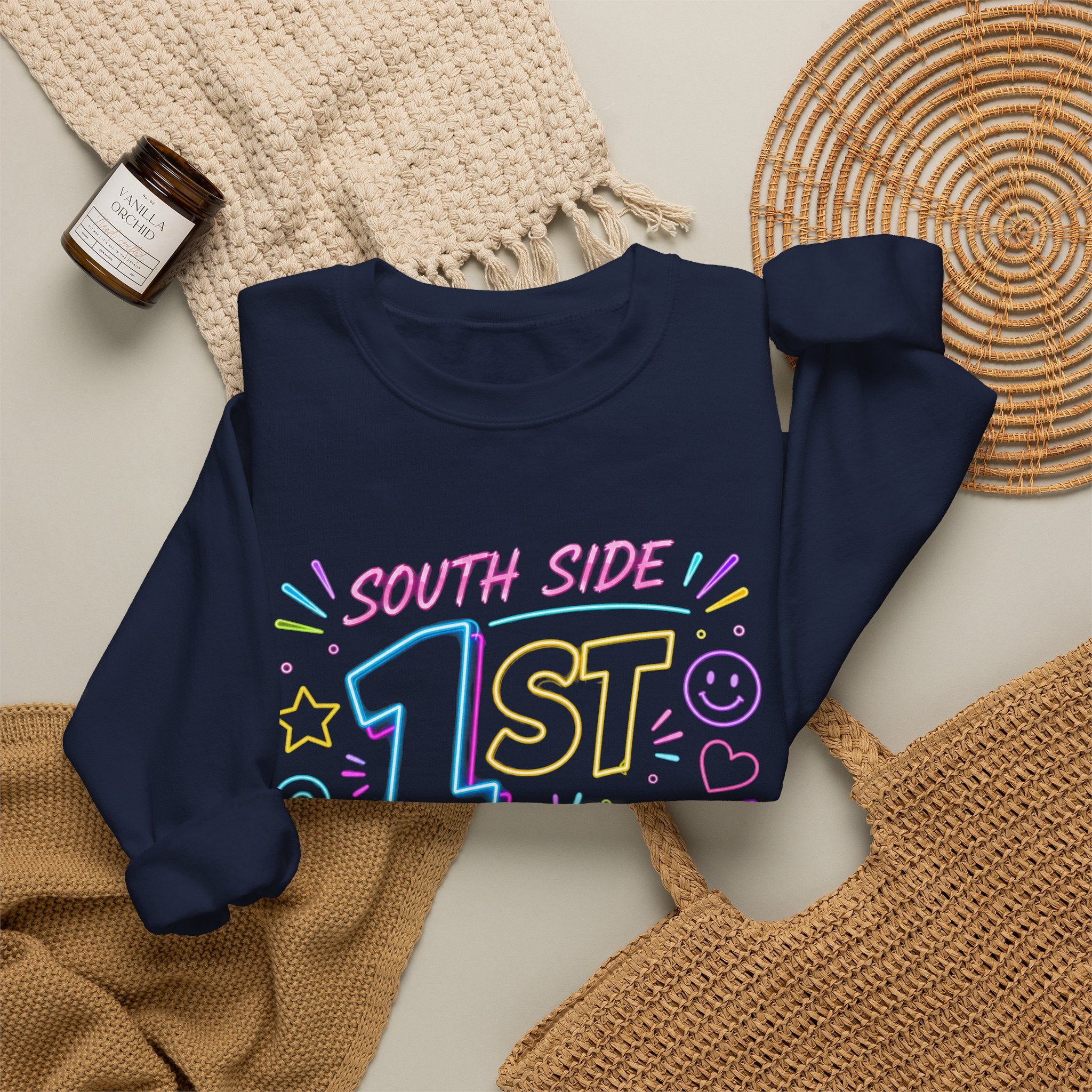 1st Grade Crewneck Sweatshirt — 'South Side' Colorful Back-to-School Pullover