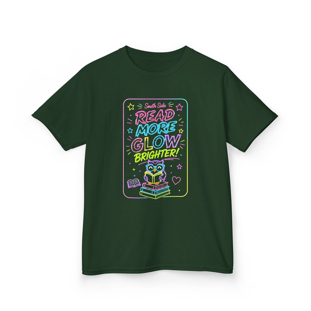 Kids T-Shirt — "Read More, Glow Brighter" Neon Bookworm Graphic