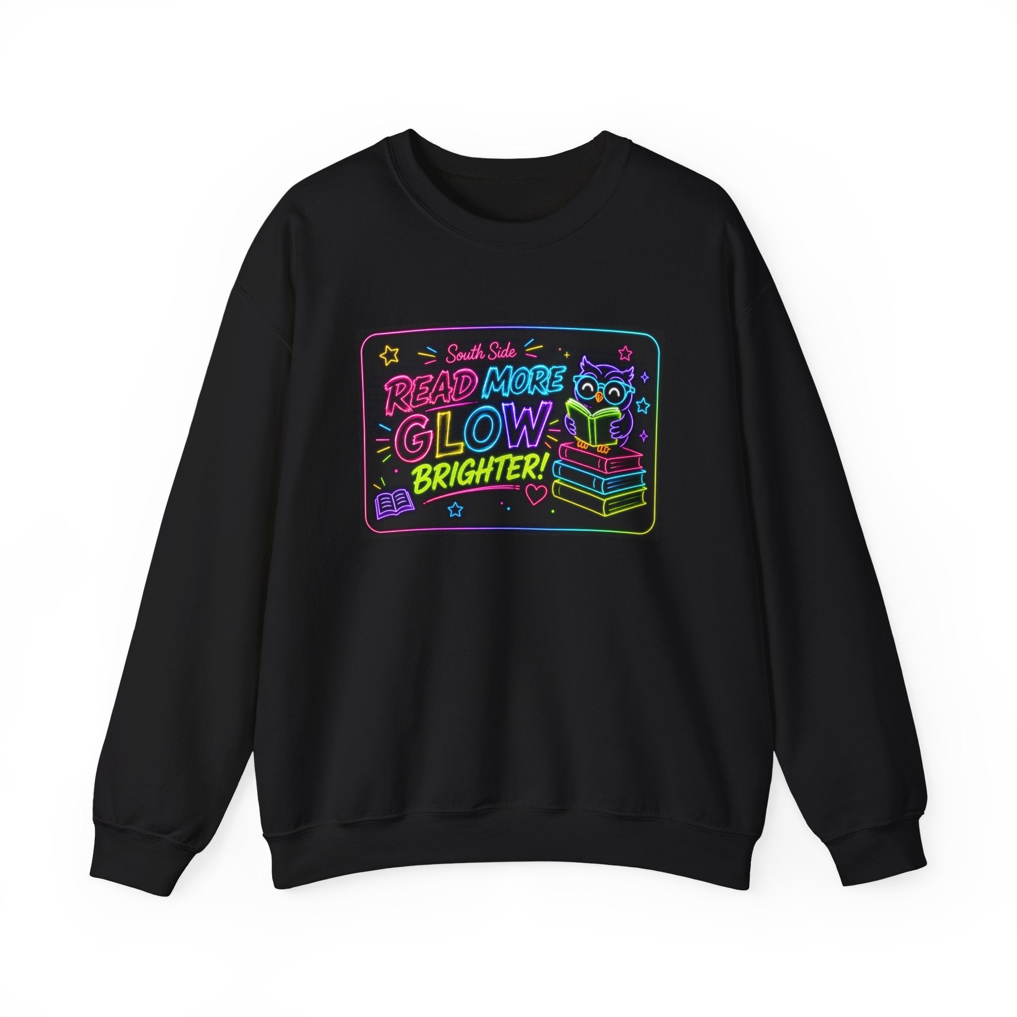 Crewneck Sweatshirt — "Read More, Glow Brighter" Neon Bookworm Graphic