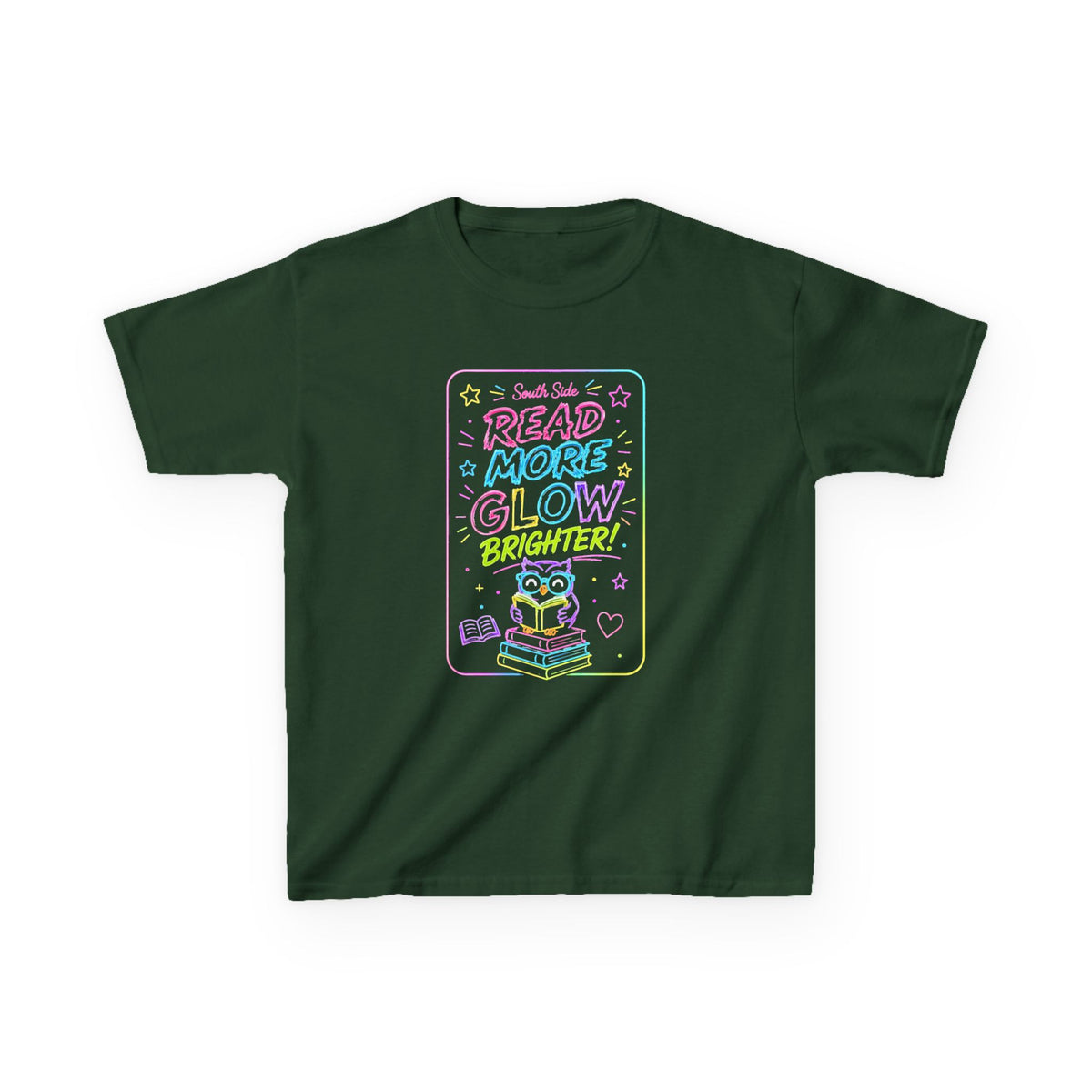 Kids T-Shirt — "Read More, Glow Brighter" Neon Bookworm Graphic