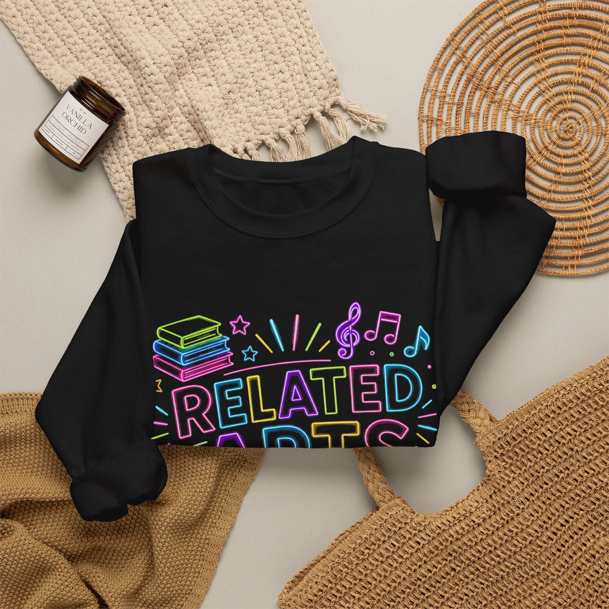 Arts Related Crewneck Sweatshirt — Pastel School Subjects Graphic