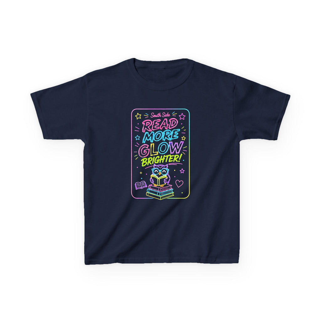 Kids T-Shirt — "Read More, Glow Brighter" Neon Bookworm Graphic