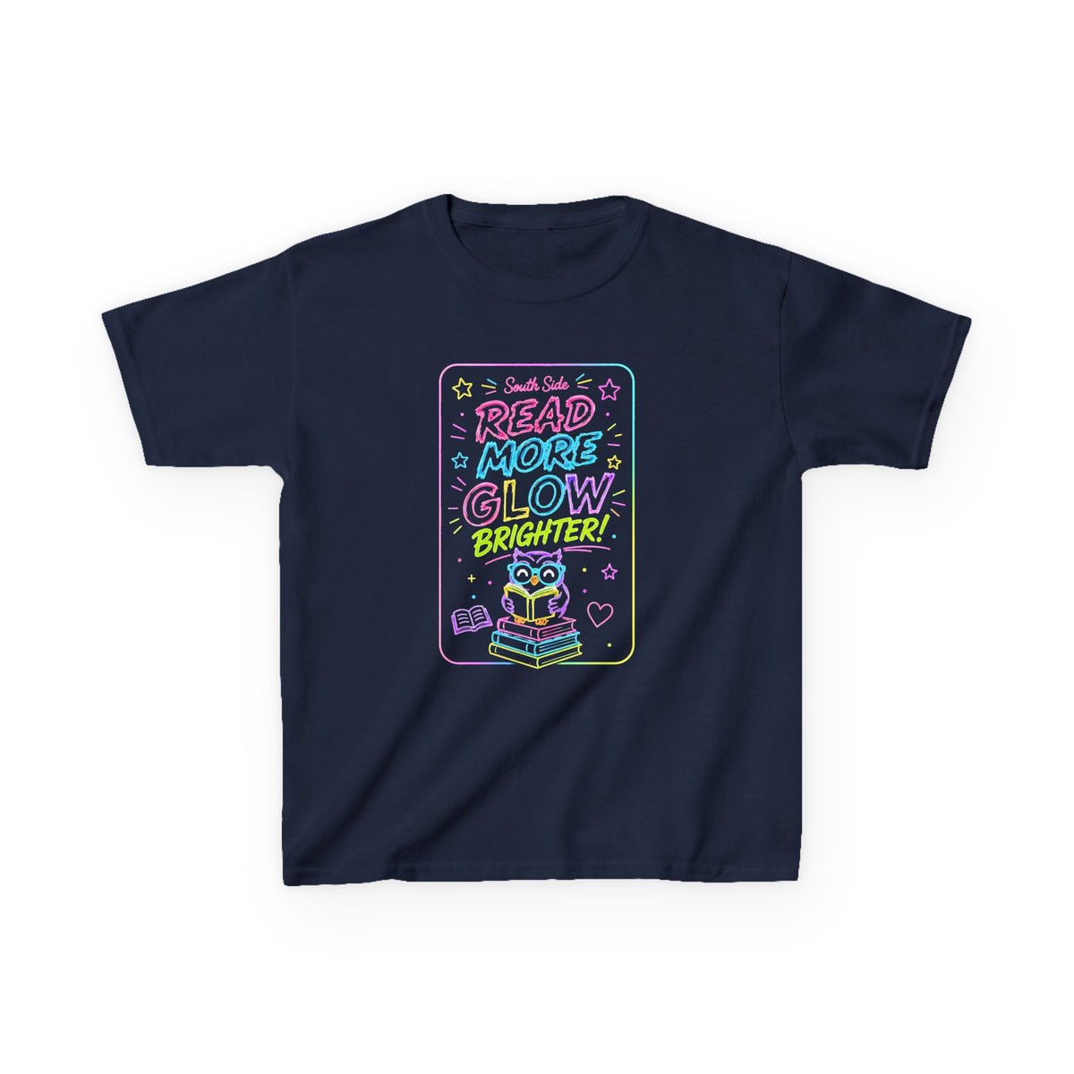 Kids T-Shirt — "Read More, Glow Brighter" Neon Bookworm Graphic