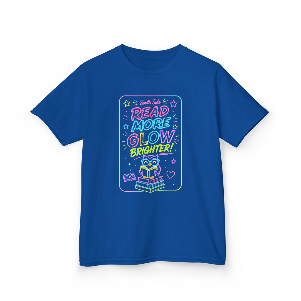 Kids T-Shirt — "Read More, Glow Brighter" Neon Bookworm Graphic