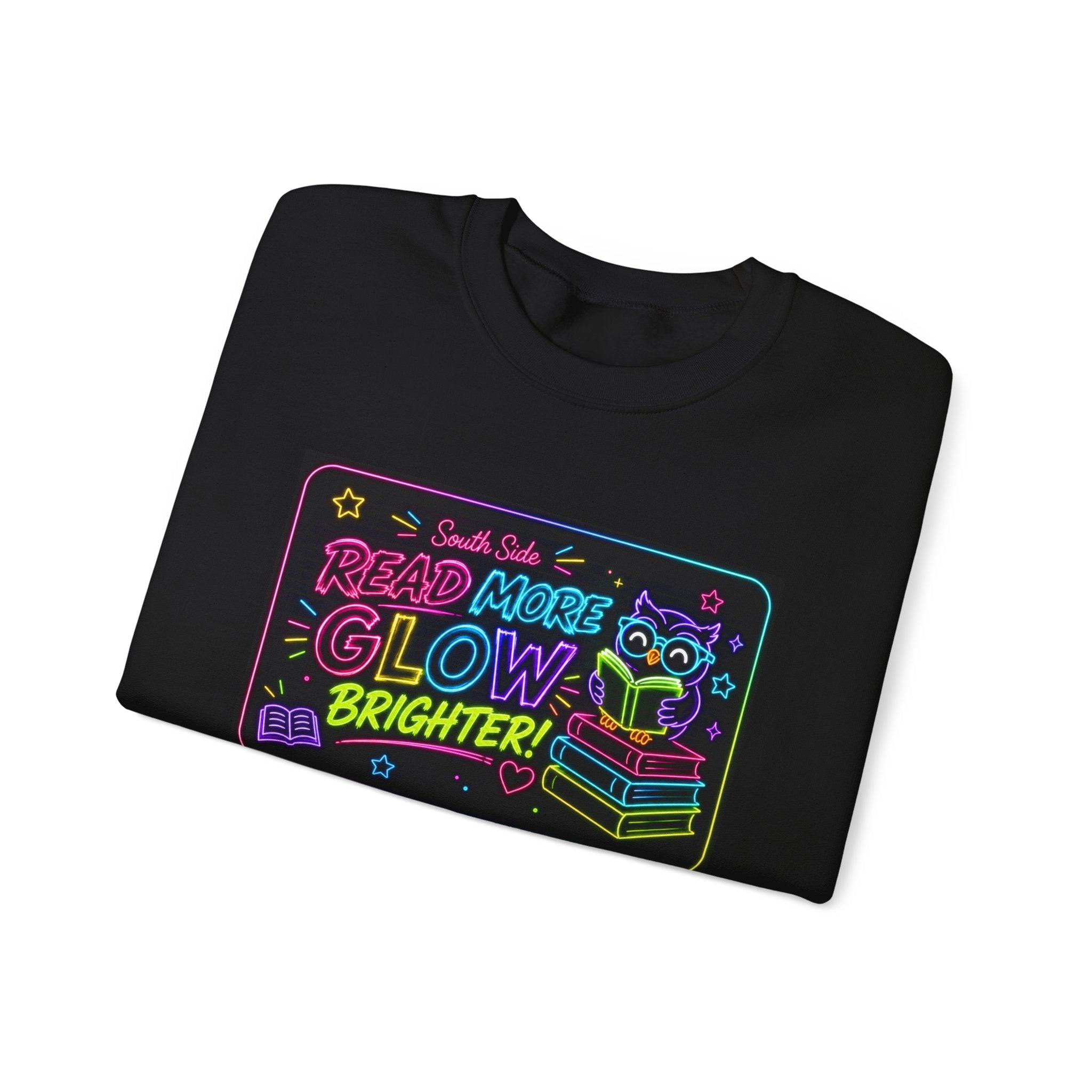 Crewneck Sweatshirt — "Read More, Glow Brighter" Neon Bookworm Graphic