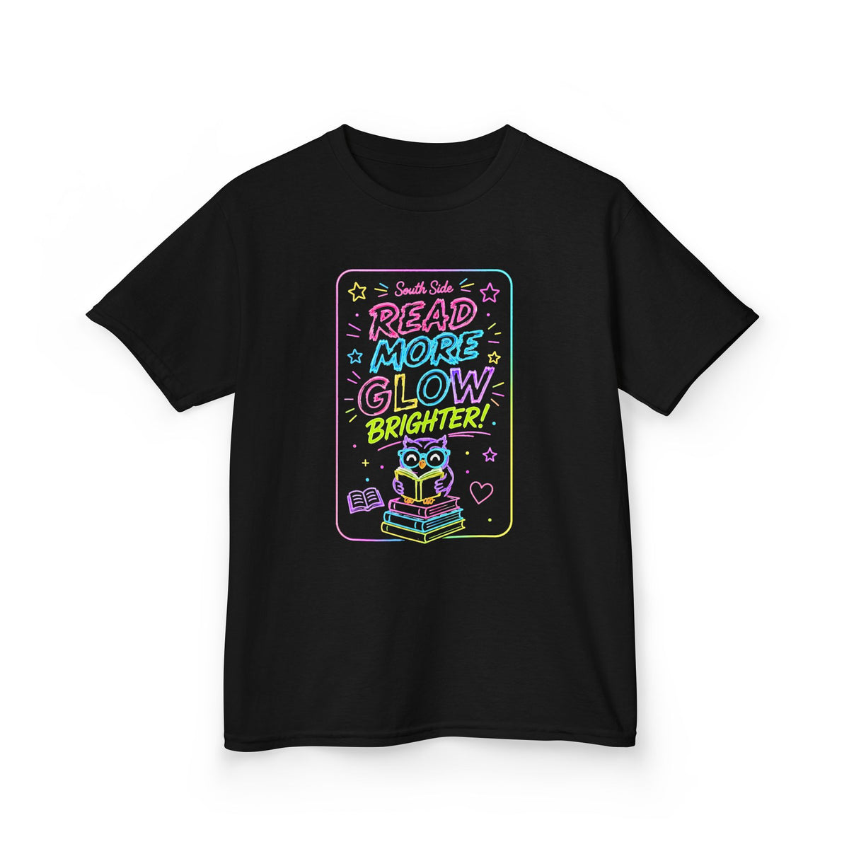Kids T-Shirt — "Read More, Glow Brighter" Neon Bookworm Graphic