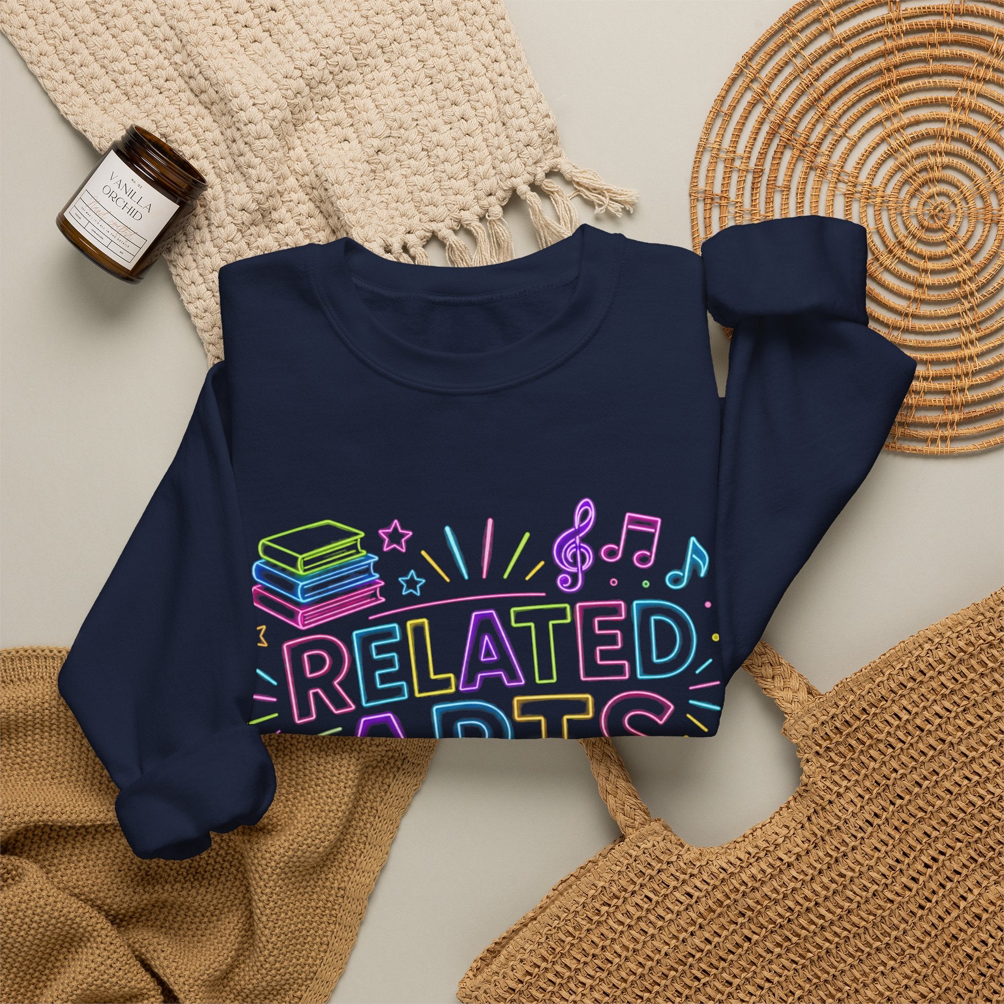 Arts Related Crewneck Sweatshirt — Pastel School Subjects Graphic