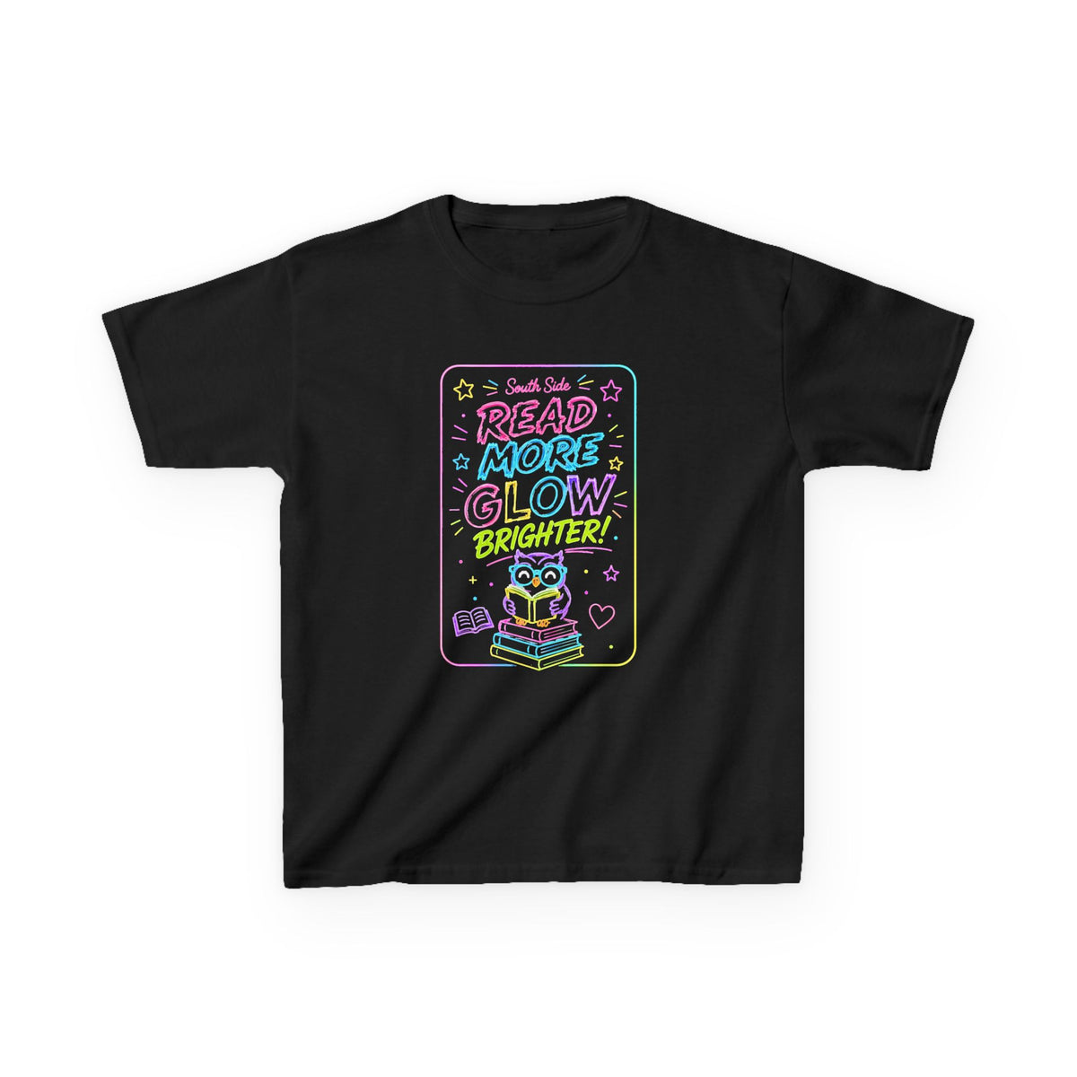 Kids T-Shirt — "Read More, Glow Brighter" Neon Bookworm Graphic